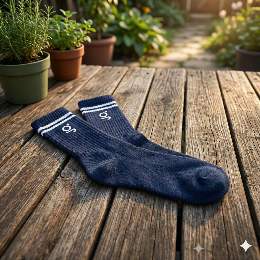 Pair of blue socks with white stripes on a wooden surface with plants in the background