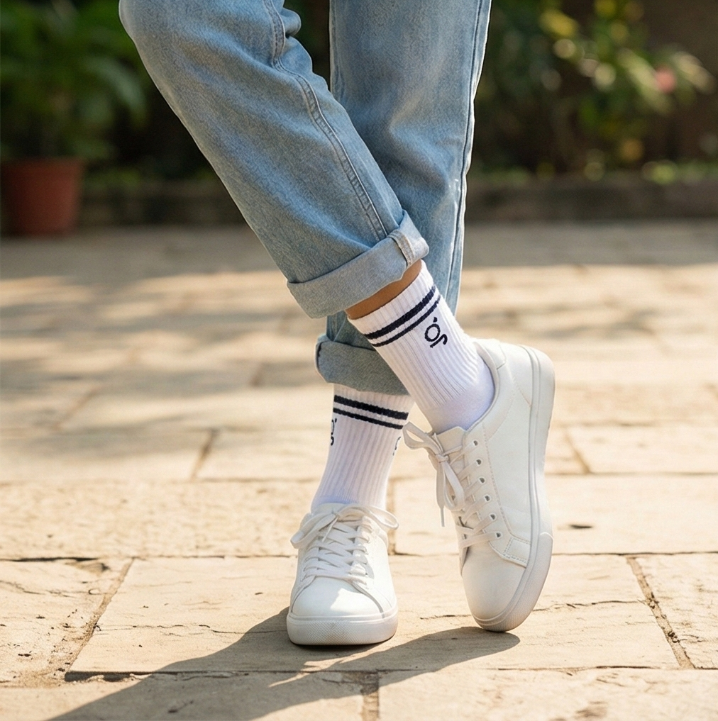 Person wearing white sneakers, light blue jeans, and striped socks on a wooden floor.