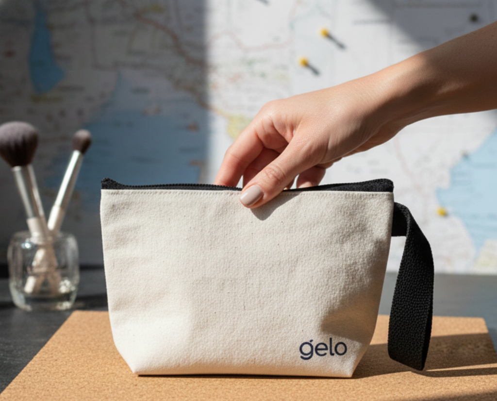 Hand holding a white pouch with 'gelo' branding in front of a map and makeup brushes.