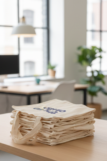 Stack of tote bags on a table in an office setting