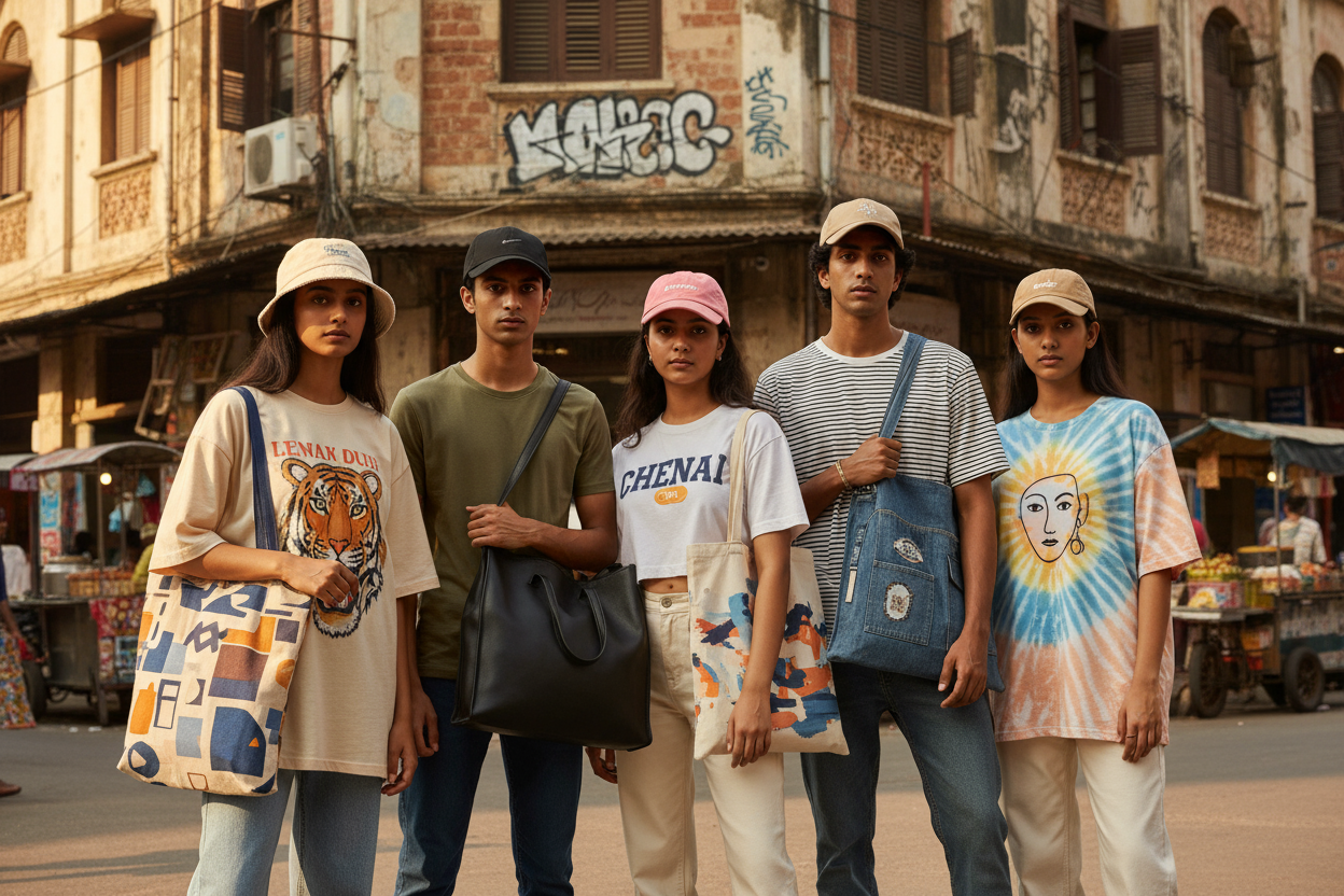 Models indian youth boys and girls wearing different types of tshirts, caps, modern tote bags. 